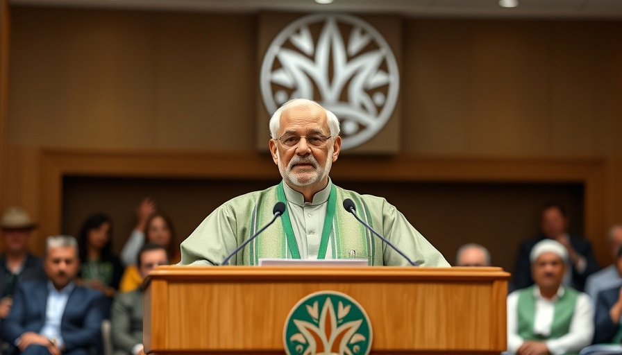 Man delivering speech at green podium in conference room.