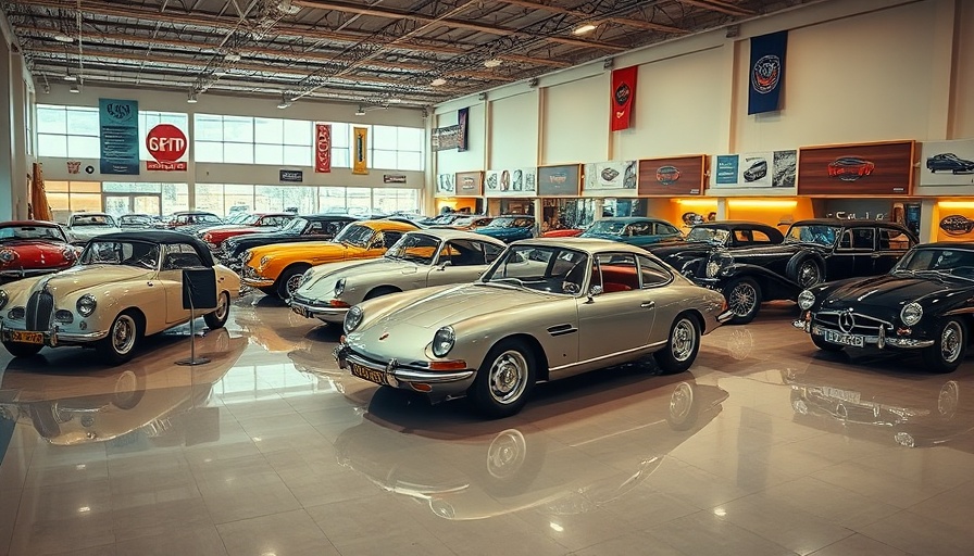 Vintage car showroom highlighting classic automotive designs.