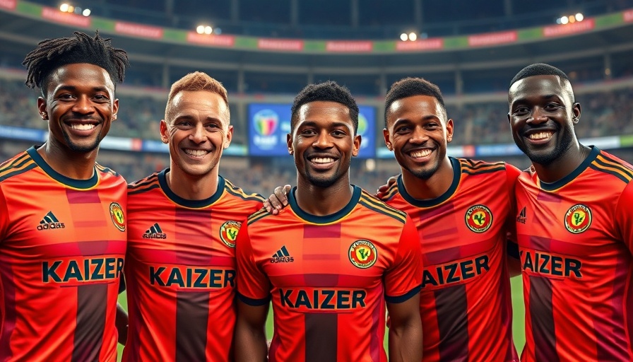 Kaizer Chiefs signings posing with jerseys, vibrant backdrop.