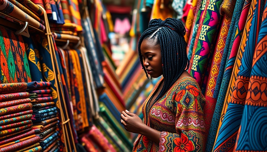 Colorful fabric market scene in Ghana, vibrant textiles.