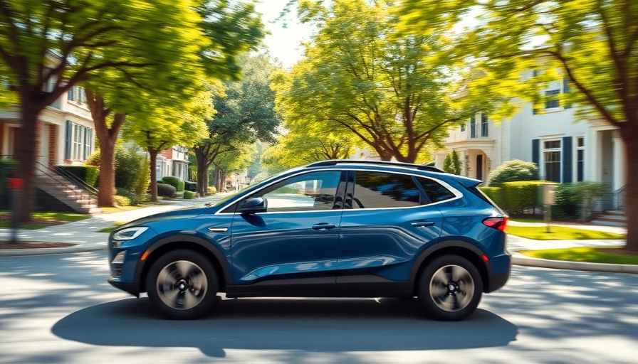 Rivian SUV driving on tree-lined street, Rivian Volkswagen partnership.