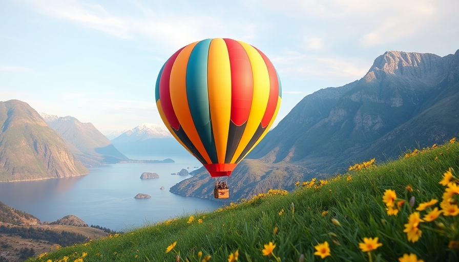 Hot air ballooning over a tranquil landscape with flowers and mountains.