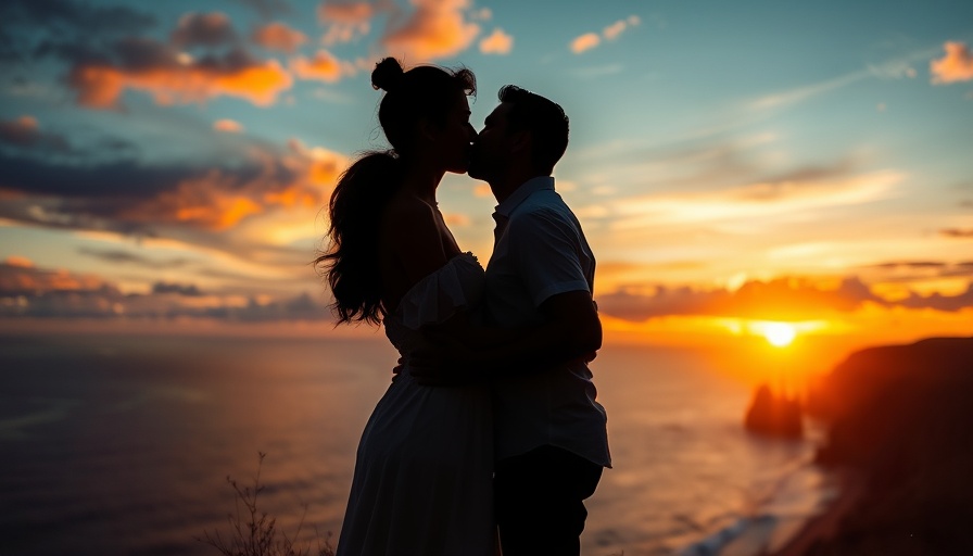 Silhouetted couple on a romantic seaside getaway at sunset.