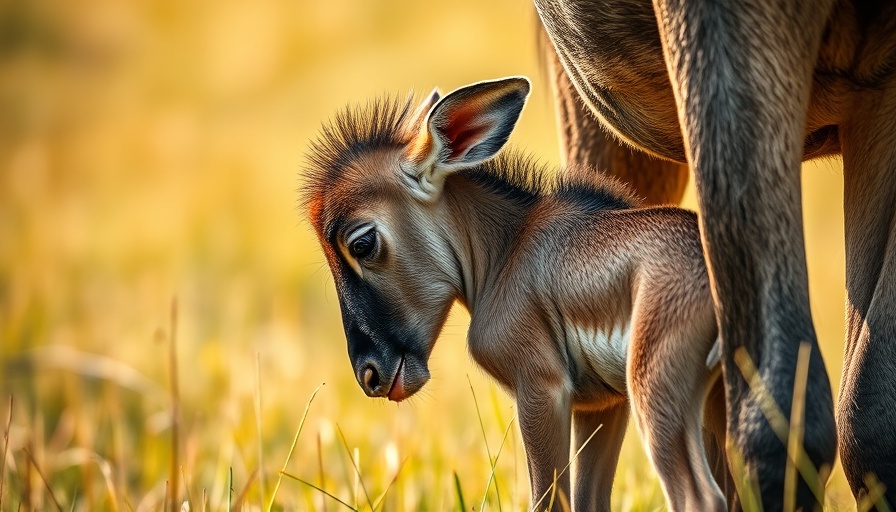 Wildebeest calf nursing from its mother in a grassy field.