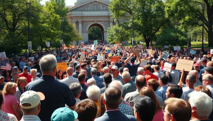 Public rally with large crowd and speaker addressing audience.