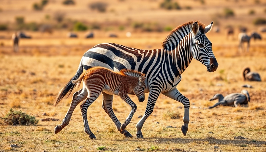 Cape Mountain Zebra and foal in savannah landscape.