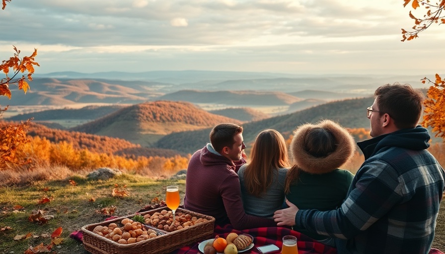 Group enjoying a picnic with outdoor gear in scenic hills.