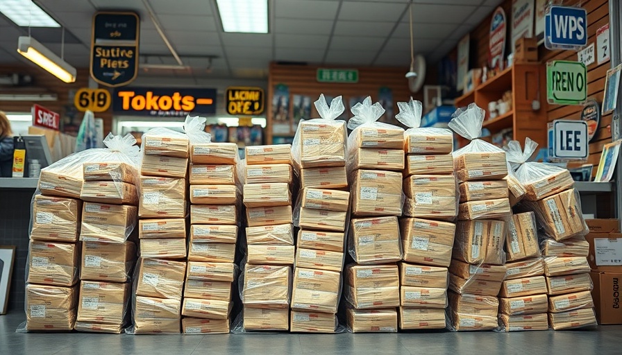 Counterfeit goods in bags displayed inside a shop with signs.