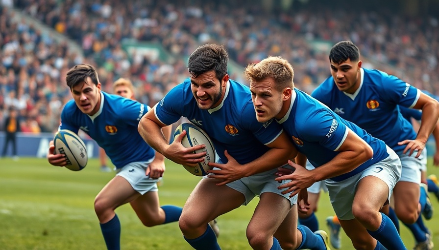 Scotland Rugby match with intense players on a sunny field