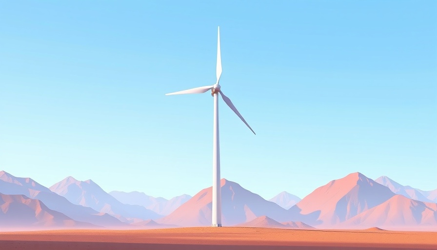 Minimalistic wind turbine in geometric landscape, AI Product Feed Optimization.