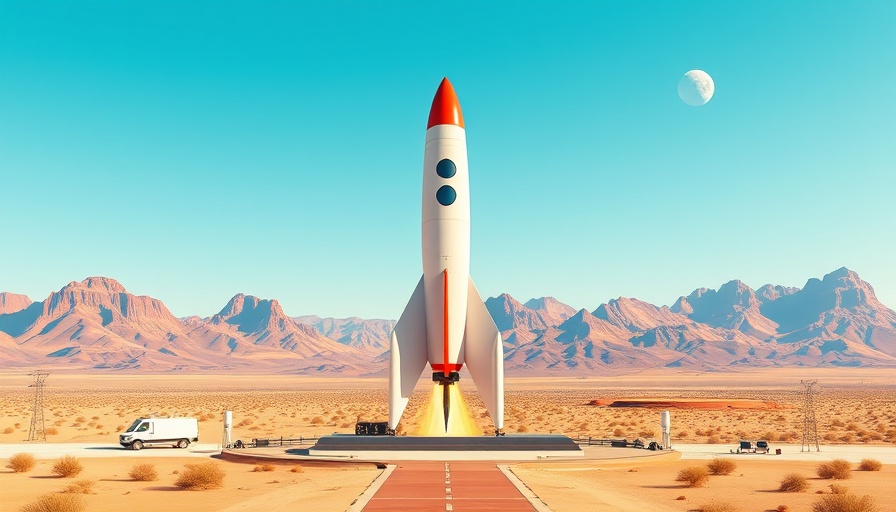 Rocket launchpad for pre-launch campaign in desert landscape.