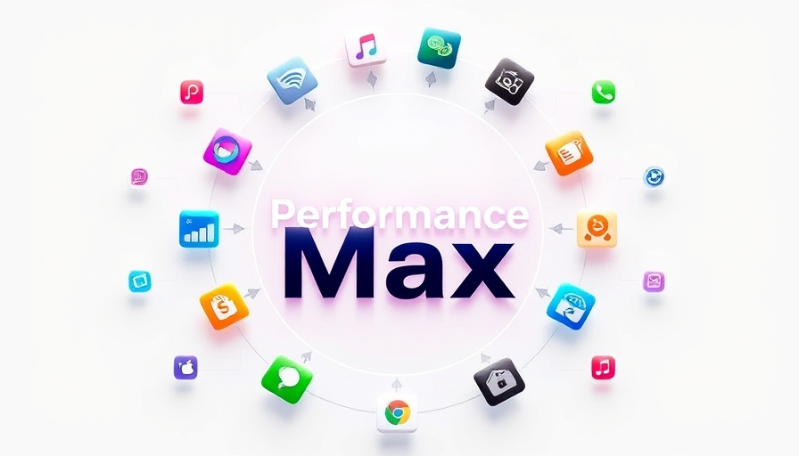 Performance Max features surrounded by app icons, digital illustration.