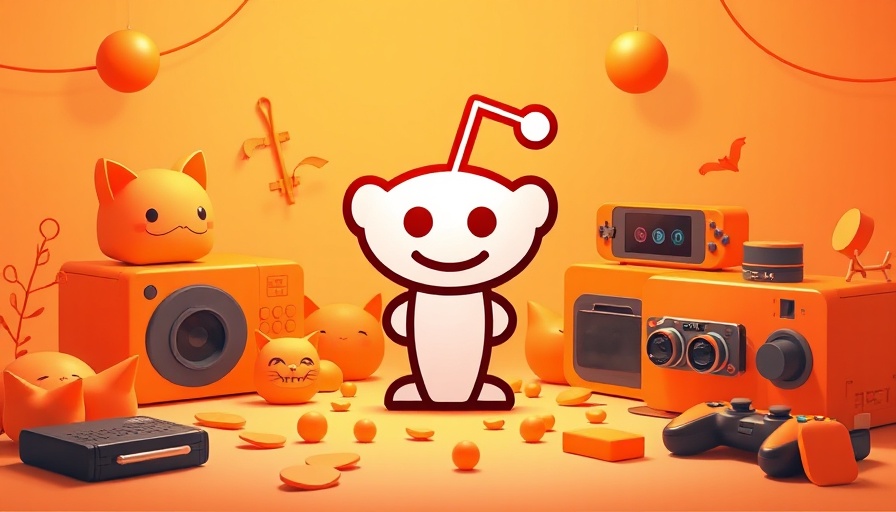 Reddit logo surrounded by playful orange objects, colorful design.