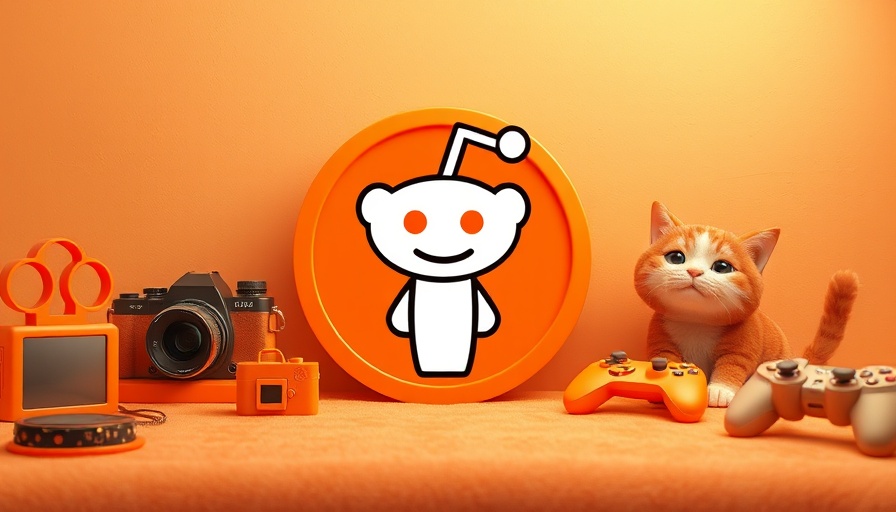 Stylized Reddit logo with orange objects background