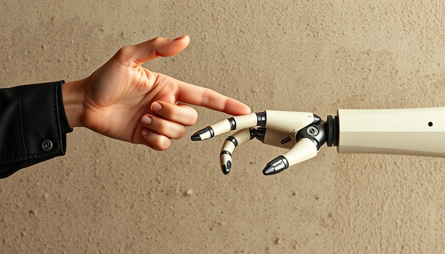 Human and robotic hands reaching to infuse humanity.