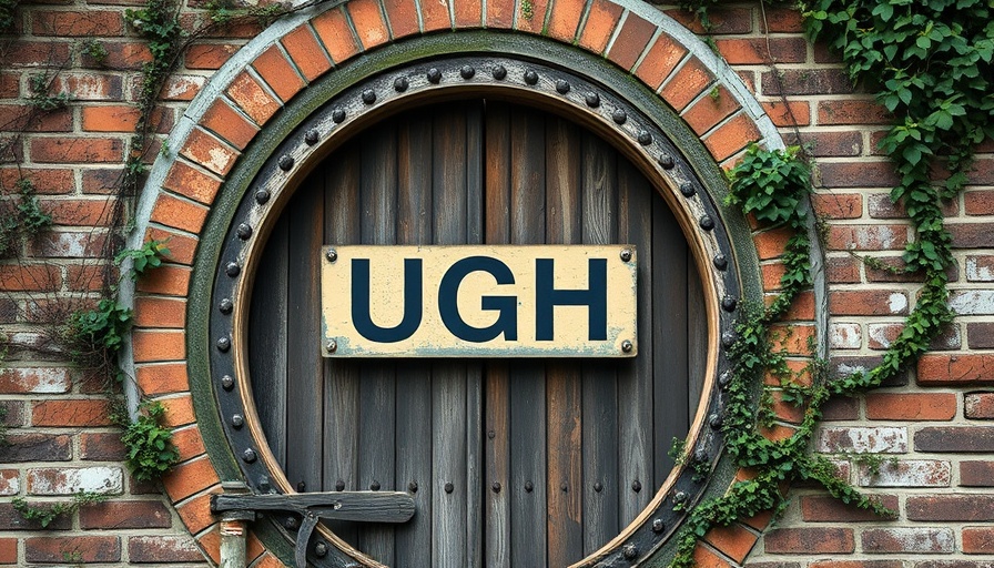 Rustic circular gate with 'UGH' sign conveying gated content concept.