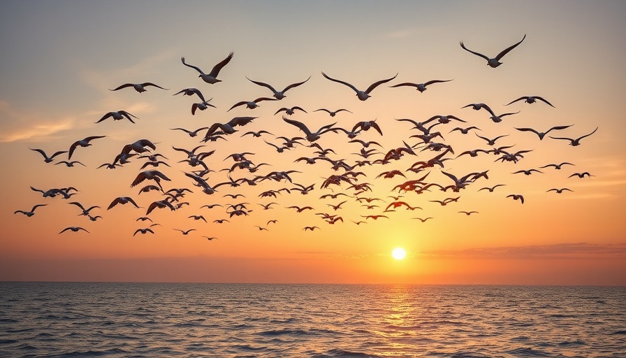 Birds in V formation flying over ocean at sunset.