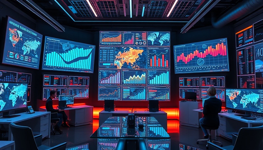 Futuristic workspace showcasing digital marketing tools and analysis.