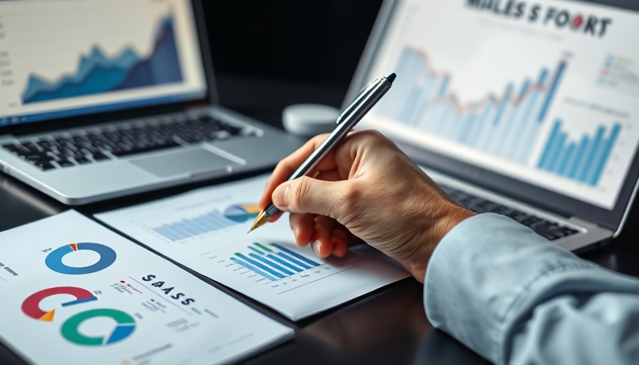 Hand analyzing sales charts near laptop for a sales audit.