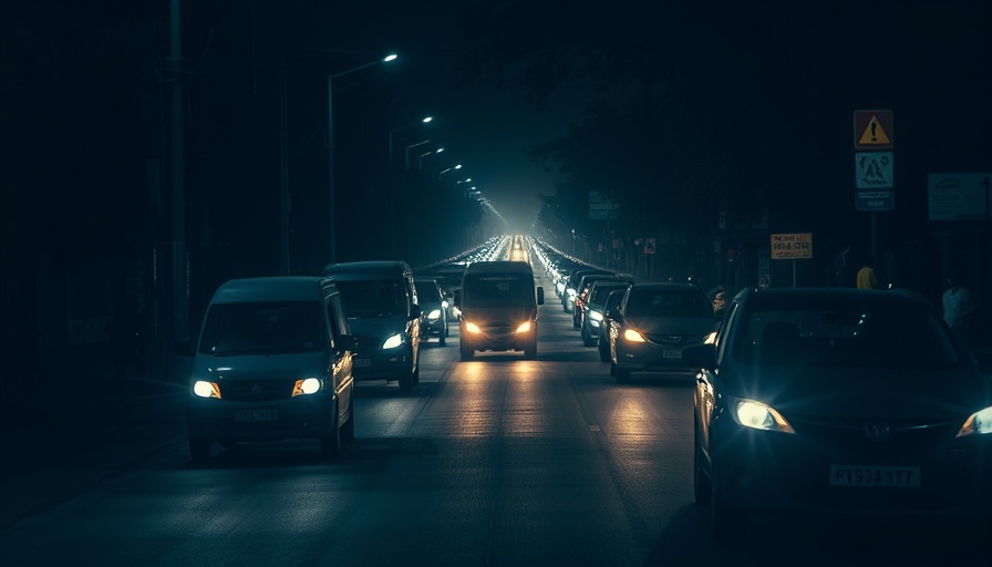 Dark city street during loadshedding with vehicles and minimal lighting.