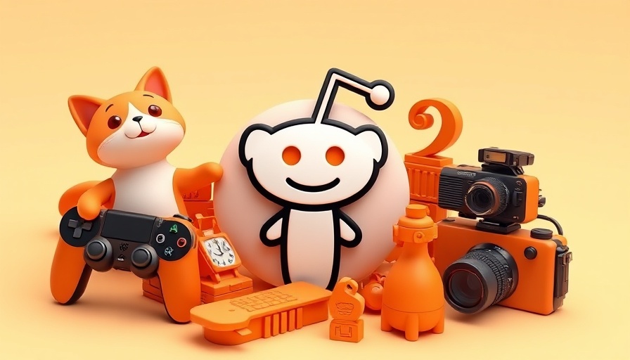 Playful Reddit logo with 3D icons on a creamy backdrop.