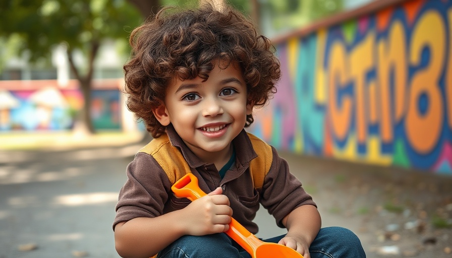 Curly-haired young boy in park, vibrant mural background.