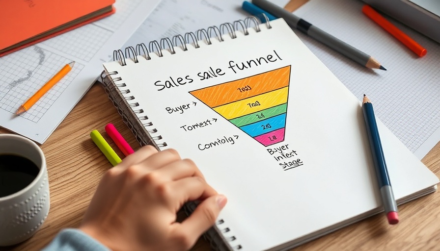 Colorful buyer intent funnel sketch on notebook with office supplies.