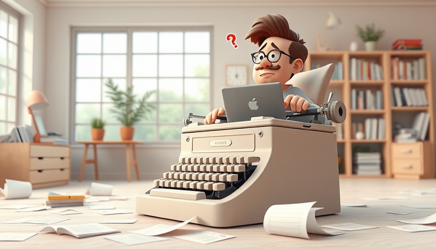 Cartoon man with laptop on typewriter, disruptive technology concept.