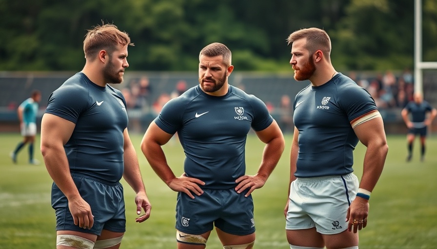 Rugby players discussing on field, Sharks injury update focus.