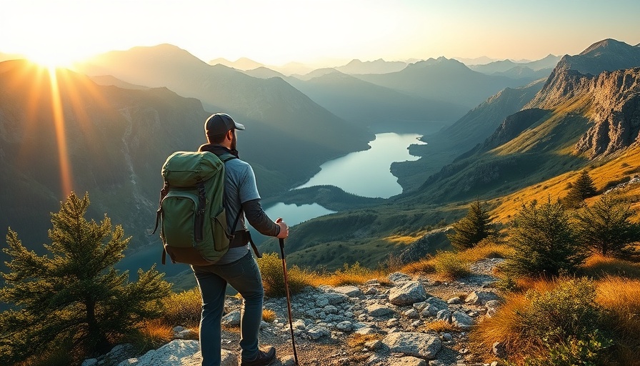 Eco-friendly travel: Backpacker hiking toward mountain lakes at sunrise.