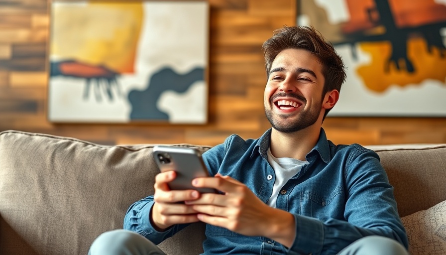 Young man happily receiving SMS marketing message on couch.