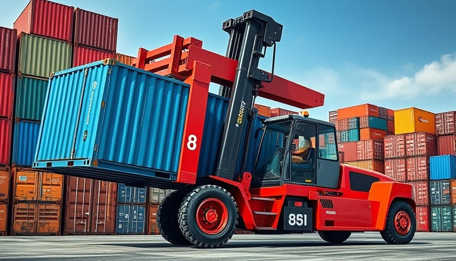 Industrial container yard with large forklift moving a shipping container, related to Local SEO.