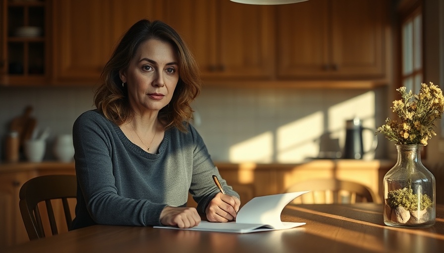 Woman writing a message in a cozy kitchen, expressing thoughtfulness.