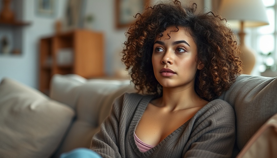 Contemplative young woman sitting on a sofa, alcohol intolerance discussion.