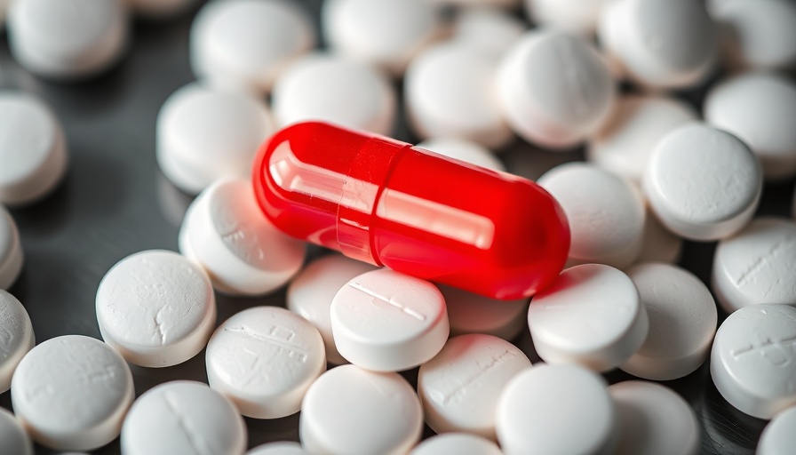 Red capsule amidst white tablets highlighting contrast in medication.