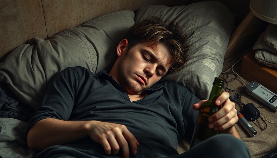 Exhausted man experiencing dry drunk syndrome in messy room.