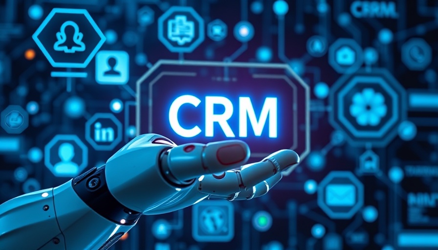 Futuristic robotic hand with CRM and workflow automation icons.