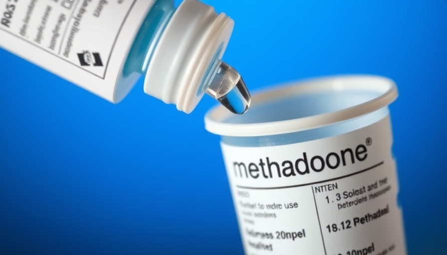 Methadone bottle dispensing into a cup labeled 'Methadone'.