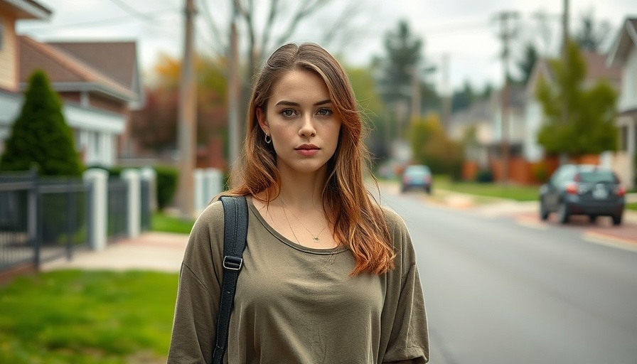 Young woman standing by a fence in a suburban area.