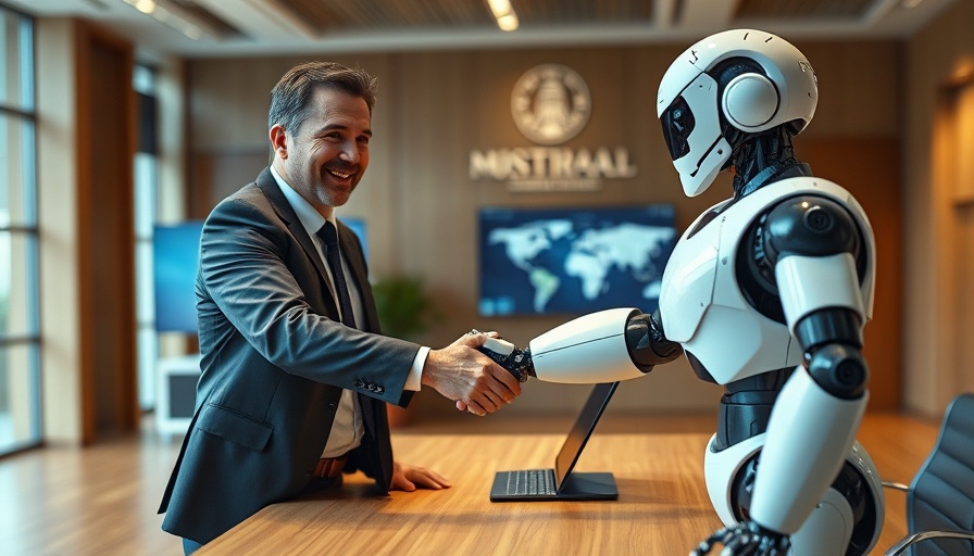 Content marketing ethics: businessman and robot handshake in modern office.