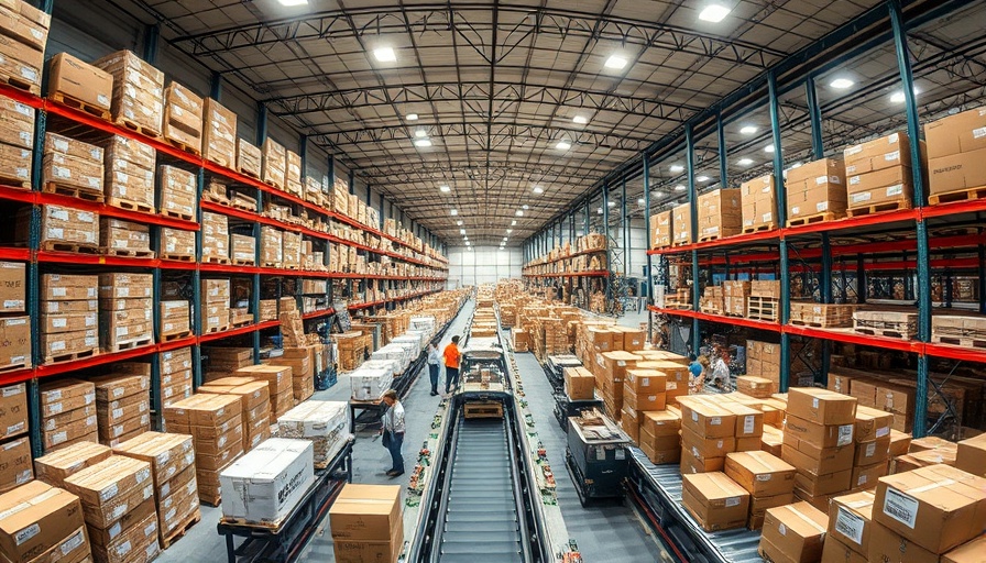 California Fulfillment center with packages and conveyor belts.