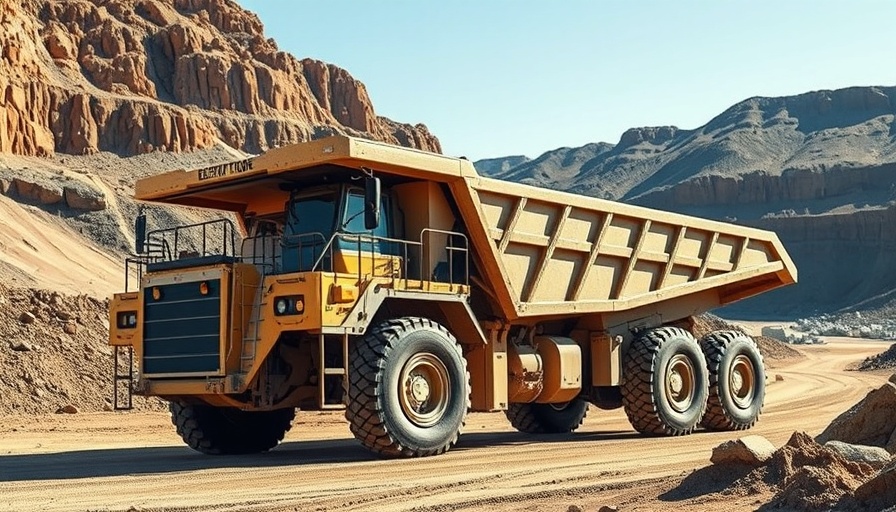 Massive electric drive mining truck in a rugged, sunlit mining landscape.