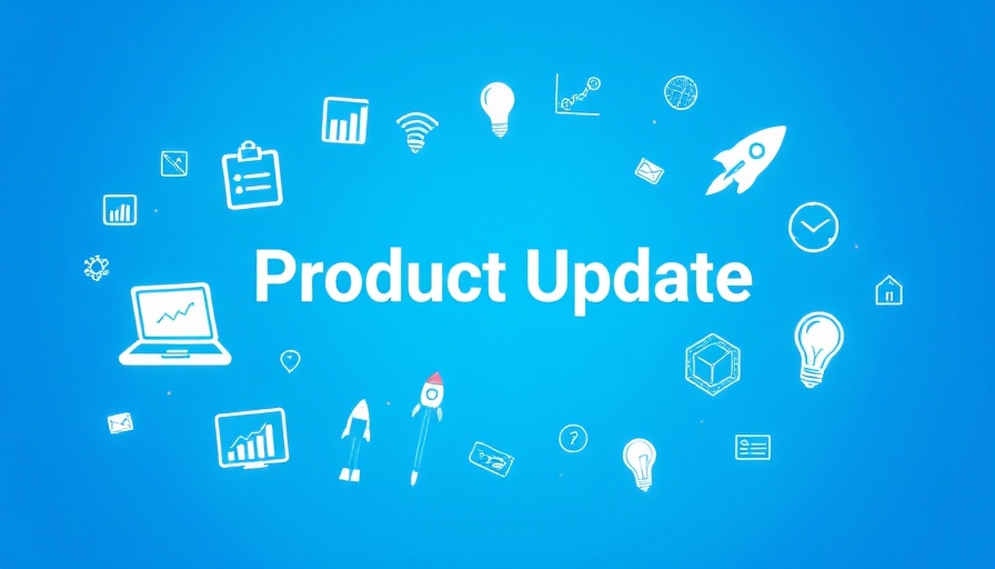 Marketing automation: digital product update design with tech icons.