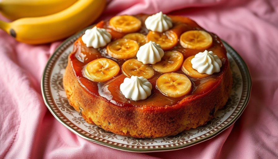 Delicious banana and rum upside-down cake on a decorative plate.