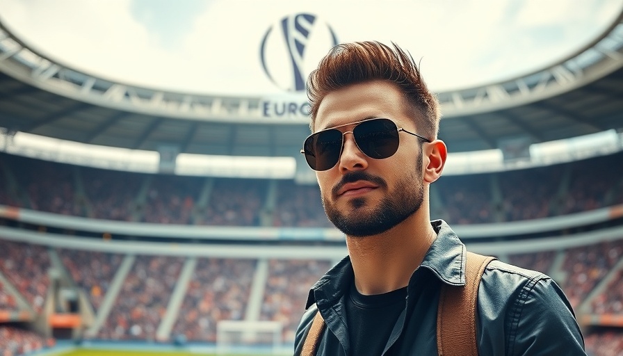 Confident man at a stadium with Europa League sign promoting digital sports.