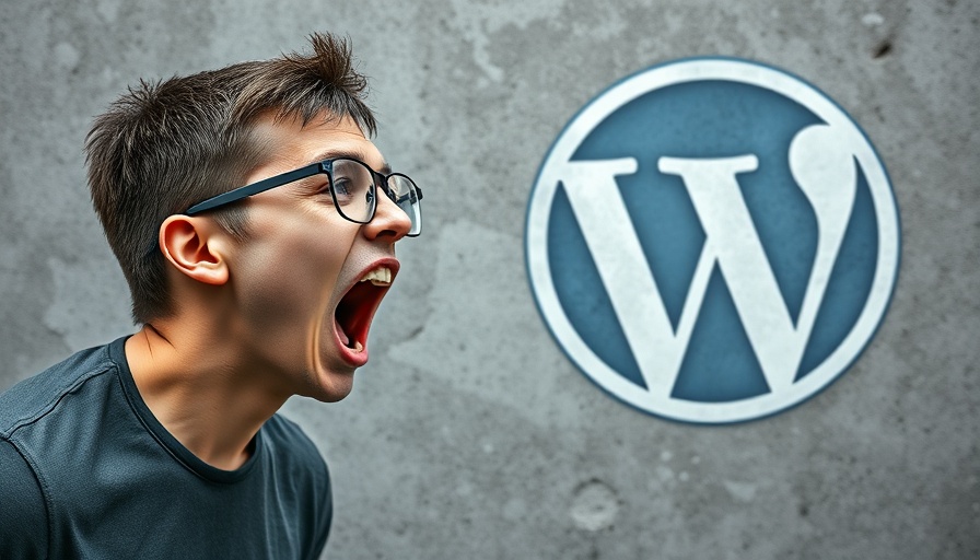 Intense expression of a man with a WordPress logo in background.