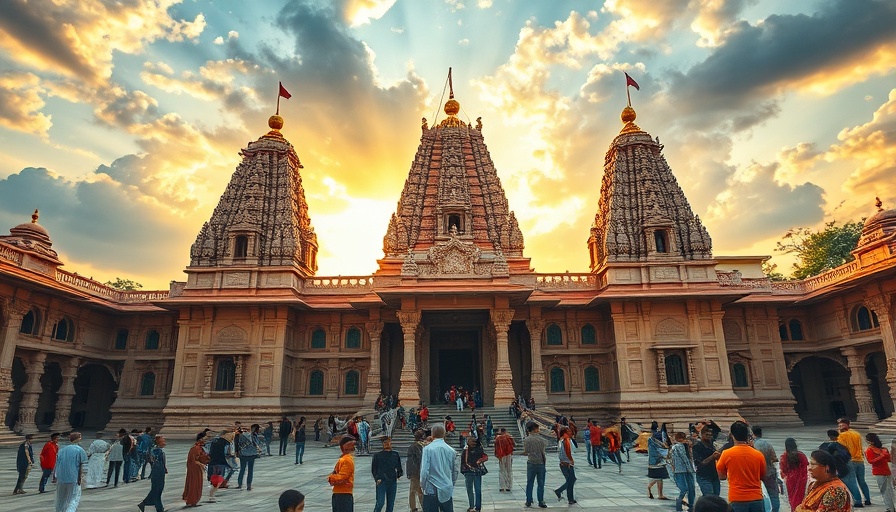 Hindu temple Johannesburg at sunset with people in courtyard.