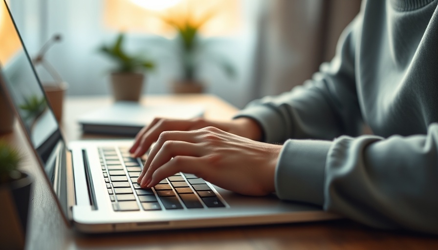 Person typing on laptop in home office for audio advertising.