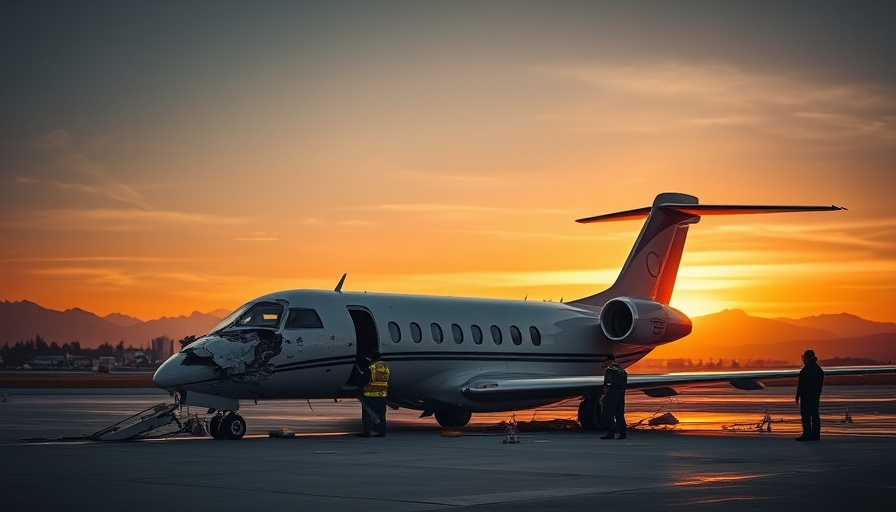 Emergency team at private jet collision scene during sunset.