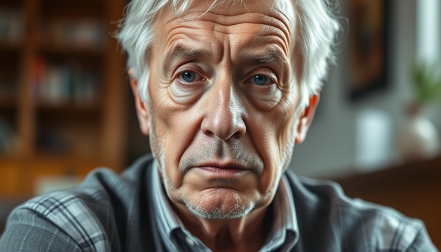 Serious older man in contemplative pose indoors.